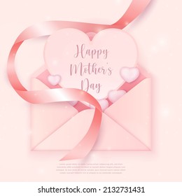 Happy mother's day pink ribbon love heart paper card and envelope 