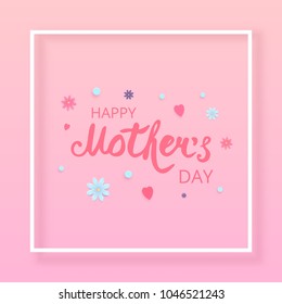Happy Mother's Day Pink Square Card with Hearts and Flowers. Vector Illustration.