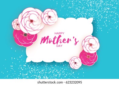 Happy Mother's Day. Pink White Floral Greeting card. Paper cut Flower. Blue holiday background. Rectangle wave Frame. Space for text. Origami Beautiful Bouquet. Vector illustration