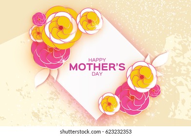 Happy Mother's Day. Pink Yellow Floral Greeting card. Paper cut Flower. Pastel holiday background. Rhombus Frame. Space for text. Women's Day. Origami Beautiful Bouquet. Vector illustration
