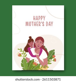Happy Mother's Day Post with Cartoon Mother and Daughter Embracing in Floral Background.
