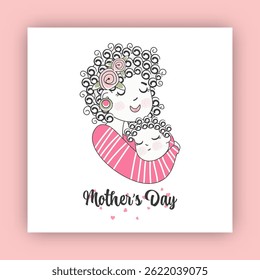 Happy Mother's Day Post with Cartoon Mother Carry Her Newborn Baby Illustration.