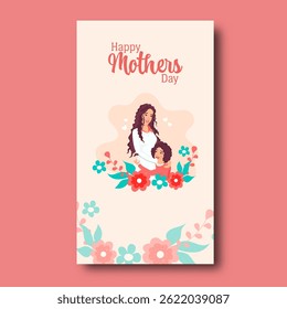 Happy Mother's Day Post with Cartoon Mother and Daughter Hugging in Floral Background.