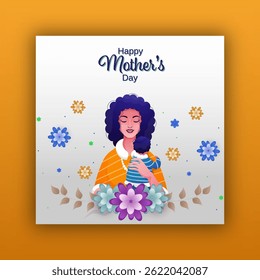 Happy Mother's Day Post with Cartoon Mother Holding Her Newborn Baby Character in Flowers Background.