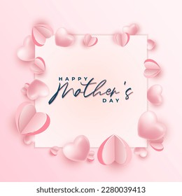 Happy mothers day postcard background design with pink paper heart shape