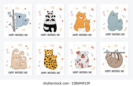 Happy Mother's Day postcard collection. Mom animal with a child (koala, rabbit, panda, leopard, fox, cat, dog, sloth). Perfect for postcard, label, brochure, flyer, page, banner design