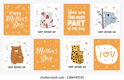Happy Mother's Day postcard collection. Vector doodle illustration. Mom animal with a child (dog, koala, leopard, bear). Perfect for postcard, label, brochure, flyer, banner design