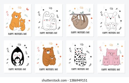 Happy Mother's Day postcard collection. Vector doodle illustration. Mom animal with a child. Perfect for postcard, label, brochure, flyer, banner design