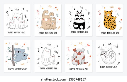 Happy Mother's Day postcard collection. Vector doodle illustration. Mom animal with a child. Perfect for postcard, label, brochure, flyer, banner design