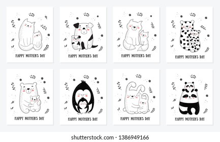 Happy Mother's Day postcard collection. Vector doodle illustration. Mom animal with a child. Perfect for postcard, label, brochure, flyer, banner design