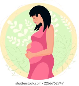 Happy mother's day. Postcard. Pregnant girl hugs her belly. Happy motherhood illustration. Young mother