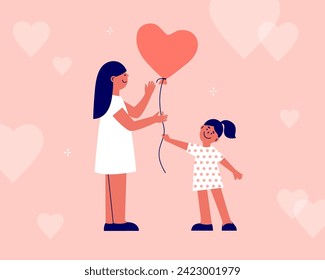 Happy Mothers day postcard. Smiling daughter girl giving heart shaped balloon to her mum. Child present gift to parent. Love you mom vector illustration concept. Mother's day greeting card. Art design