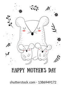 Happy Mother's Day Postcard. Vector cartoon doodle illustrations. Mom mouse with a child. Perfect for postcard, label, brochure, flyer, page, banner design