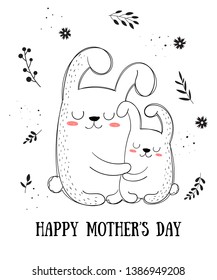 Happy Mother's Day Postcard. Vector cartoon doodle illustrations. Mom rabbit with a child. Perfect for postcard, label, brochure, flyer, page, banner design