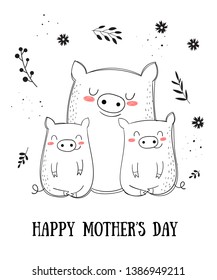 Happy Mother's Day Postcard. Vector cartoon doodle illustrations. Mom pig with a child. Perfect for postcard, label, brochure, flyer, page, banner design