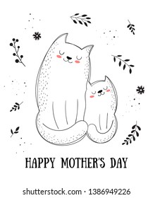 Happy Mother's Day Postcard. Vector cartoon doodle illustrations. Mom cat with a child. Perfect for postcard, label, brochure, flyer, page, banner design