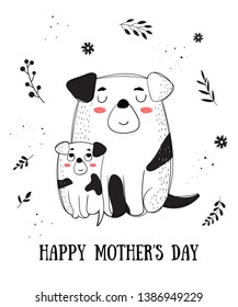 Happy Mother's Day Postcard. Vector cartoon doodle illustrations. Mom dog with a child. Perfect for postcard, label, brochure, flyer, page, banner design