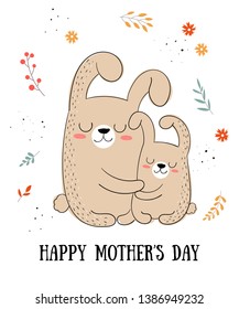 Happy Mother's Day Postcard. Vector cartoon doodle illustrations. Mom rabbit with a child. Perfect for postcard, label, brochure, flyer, page, banner design
