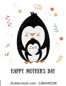 Happy Mother's Day Postcard. Vector cartoon doodle illustrations. Mom penguin with a child. Perfect for postcard, label, brochure, flyer, page, banner design