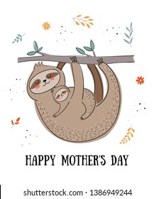 Happy Mother's Day Postcard. Vector cartoon doodle illustration with animals. Mom sloth with a child. Perfect for postcard, label, brochure, flyer, page, banner design