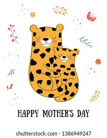 Happy Mother's Day Postcard. Vector cartoon doodle illustrations. Mom leopard with a child. Perfect for postcard, label, brochure, flyer, page, banner design