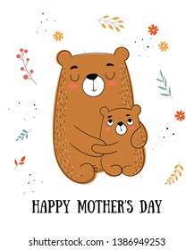 Happy Mother's Day Postcard. Vector cartoon doodle illustrations. Mom bear with a child. Perfect for postcard, label, brochure, flyer, page, banner design