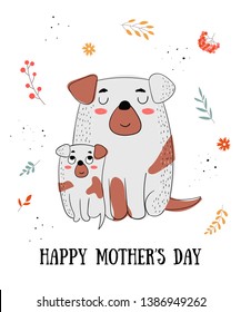 Happy Mother's Day Postcard. Vector cartoon doodle illustrations. Mom dog with a child. Perfect for postcard, label, brochure, flyer, page, banner design