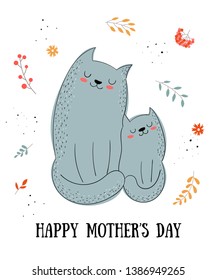 Happy Mother's Day Postcard. Vector cartoon doodle illustrations. Mom cat with a child. Perfect for postcard, label, brochure, flyer, page, banner design