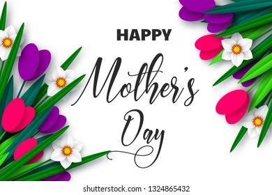 Happy Mothers day poster. 3d paper cut bouquet of spring flowers tulip and narcissus, white background. Vector illustration.