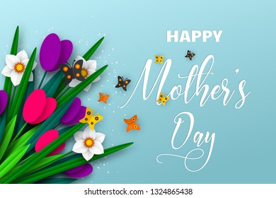 Happy Mothers day poster. 3d paper cut bouquet of spring flowers tulip and narcissus with butterfly, turquoise background. Vector illustration.