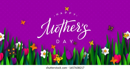 Happy Mothers day poster. 3d paper cut bouquet of spring flowers tulip and narcissus with butterfly, purple background. Handwritten calligraphy. Vector illustration.