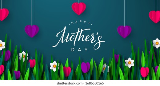 Happy Mothers day poster. 3d paper cut bouquet of spring flowers tulip and narcissus with hanging hearts, blue background. Handwritten calligraphy. Vector illustration.