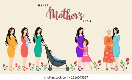 Happy Mother's Day poster or banner design, vector illustration of  life cycle of a mother from pregnancy to old age.