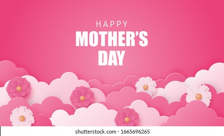 Happy Mother's day poster or banner with flower and cloud on pink in paper cut style. Shopping promotion template for mother's day. Digital craft paper art.