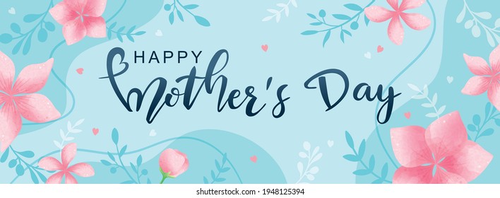 Happy Mother's Day poster and banner template with flowers on light blue background. Vector illustration for women's day, shop, invitation, discount, sale, flyer, decoration.