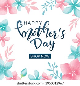 Happy Mother's Day poster and banner template with colorful flowers on white background. Vector illustration for women's day, shop, invitation, discount, sale, flyer, decoration.