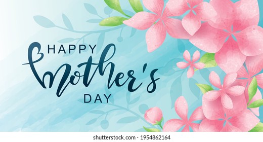 Happy Mother's Day poster and banner template with flowers on light blue background. Vector illustration for women's day, shop, invitation, discount, sale, flyer, decoration.