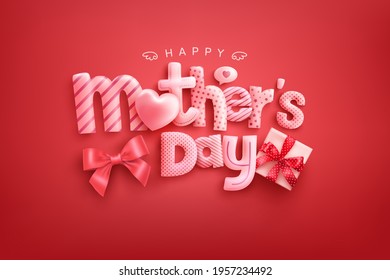 Happy Mother's Day Poster or banner with cute font,sweet hearts and gift box on red background.Promotion and shopping template or background for Love and Mother's day concept