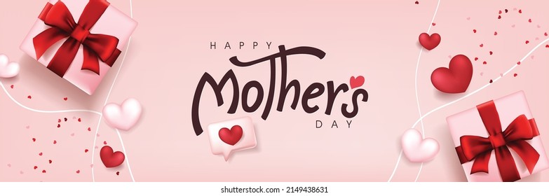 Happy Mothers day poster banner background layout with gift box and heart shaped balloons