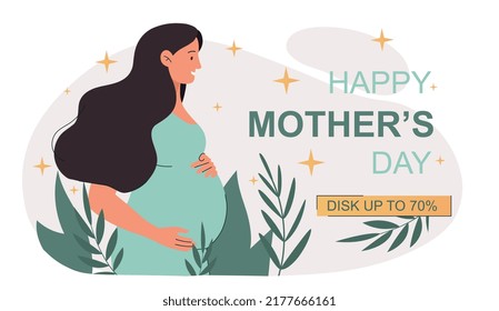 Happy mothers day. Poster or banner for website, international holidays. Pregnant woman stands among plants, future parent, motherhood. Greeting postcard design. Cartoon flat vector illustration