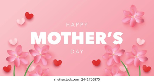 Happy Mother's Day poster banner with pink flowers and hearts. Vector illustration for postcard, sale, promo, greeting card, promo, discount, website social media, flyer, brochure,  template