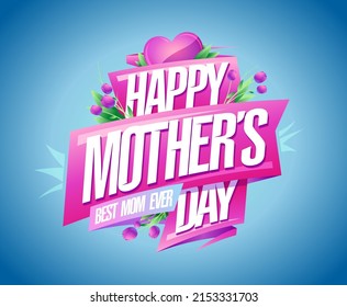 Happy Mother's day poster or card vector design template with heart and ribbons