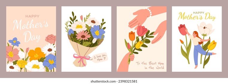 Happy Mothers day poster. Cards with flower bouquet, spring wildflowers, dancing woman and kid hand giving bouquet to mom. Vector greeting mothers Day card. Holiday celebration, motherhood