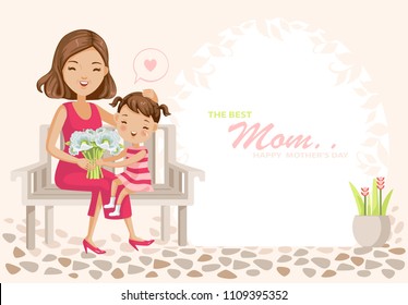 Happy mother's day poster. child daughter congratulates mother and gives a bouquet of flowers. Trendy design Pretty sweet pink lady style. cartoon vector illustration isolated white background.