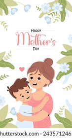 Happy Mother's Day poster. Cute mother tenderly hugs son on white background with blue flowers. Vertical festive floral banner. Vector illustration in flat cartoon style