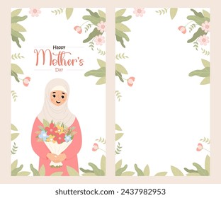 Happy Mothers Day poster. Cute muslim woman in hijab with bouquet. Islamic female ethnic character on white background with flower. Vertical isolated festive floral banner. Vector illustration