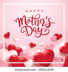 Happy mother's day poster design with red and pink 3D hearts