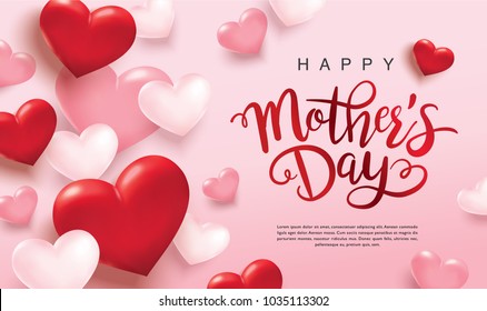 Happy mother's day poster design with red and pink 3D hearts