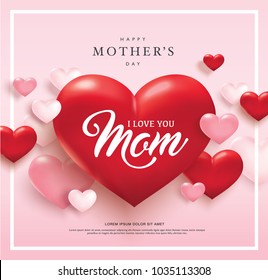 Happy mother's day poster design with red and pink 3D hearts