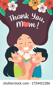 Happy Mother's Day Poster Flat Vector Illustration. Children boy and girl give cute flower to smiling happy beautiful Mom.